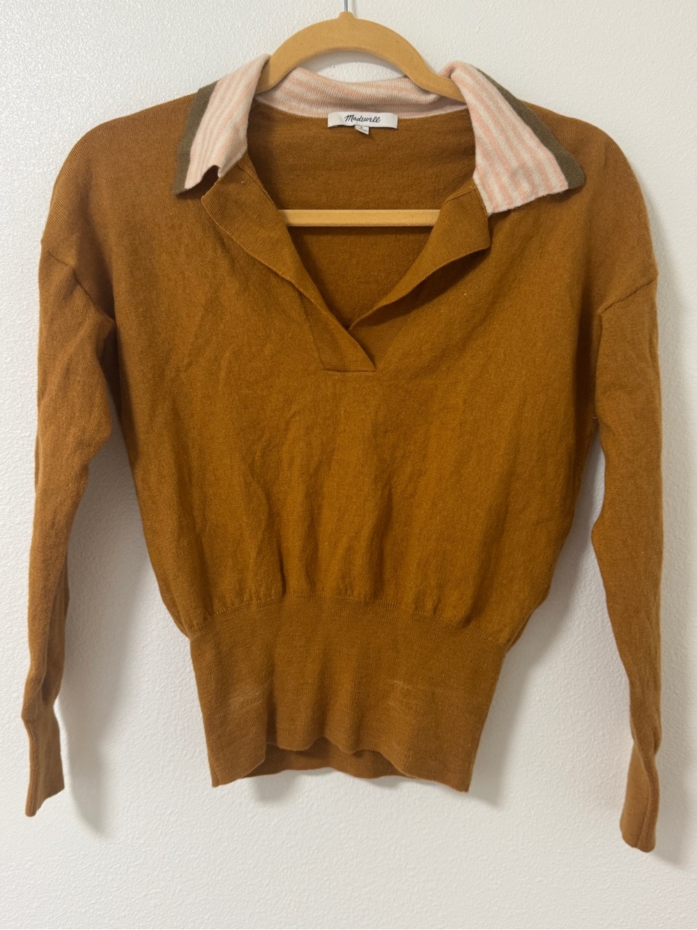 Madewell Rust Brown V-Neck Polo Merino Wool Sweater with Striped Collar in Small
